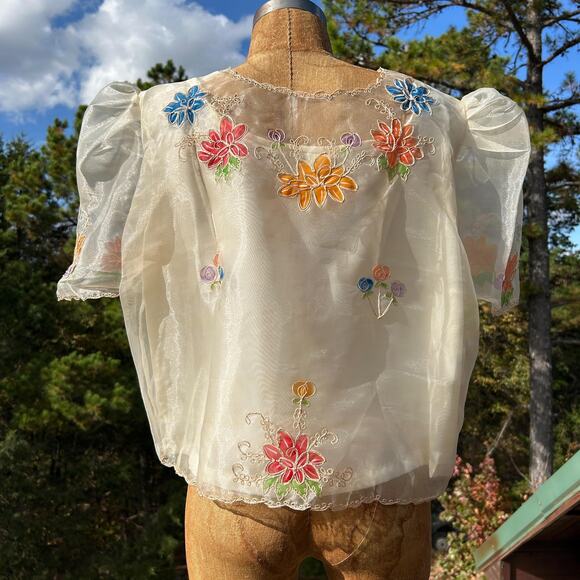 Vintage 70s Sheer Organza Peaked Puff Sleeve "Stained Glass" Boxy Cropped Blouse - Picture 6 of 8